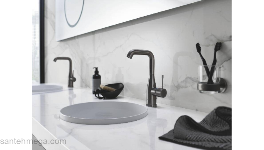 GROHE 32628AL1 Essence New Смеситель для раковины с высоким изливом, сливной гарнитур, цвет: темный гарфит, матовый. Фото