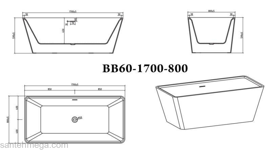 Ванна акриловая отдельностоящая BELBAGNO BB60-1700-800. Фото