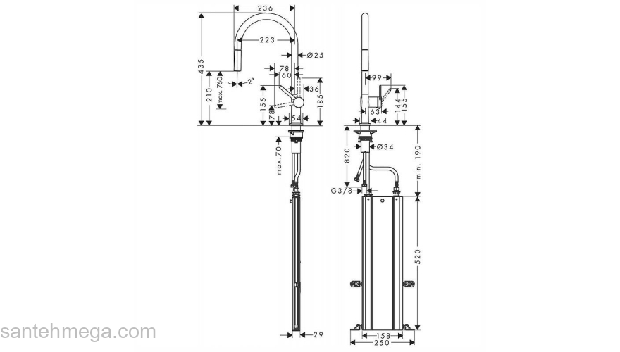 Кухонный смеситель однорычажный, 210, с вытяжным изливом, 1jet, sBox Hansgrohe 72803670, матовый черный. Фото