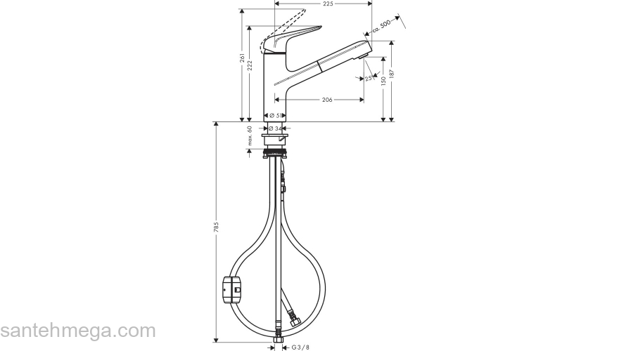Кухонный смеситель Hansgrohe Focus M42, однорычажный с вытяжным изливом 71814000, хром. Фото