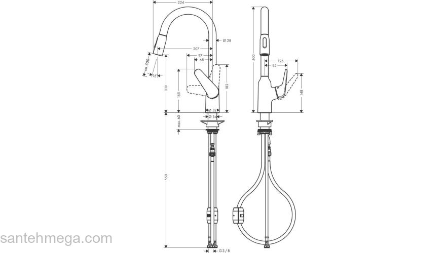 Кухонный смеситель однорычажный, 220, с вытяжным душем, 2jet Hansgrohe 71800000, хром. Фото