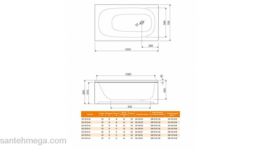 Ванна акриловая CEZARES Eco 170x70. Фото