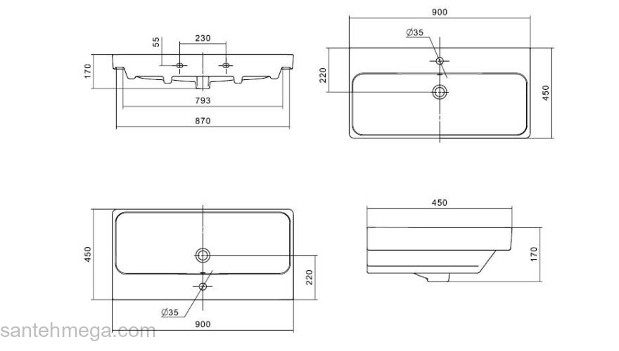 Раковина встраиваемая SANTEK Адриана 90х45 1.WH50.1.629. Фото