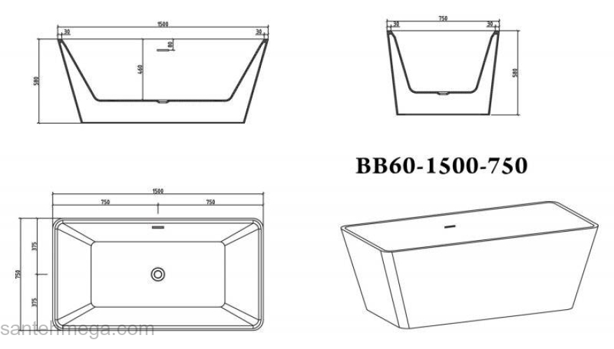 Ванна акриловая отдельностоящая BELBAGNO BB60-1500-750. Фото