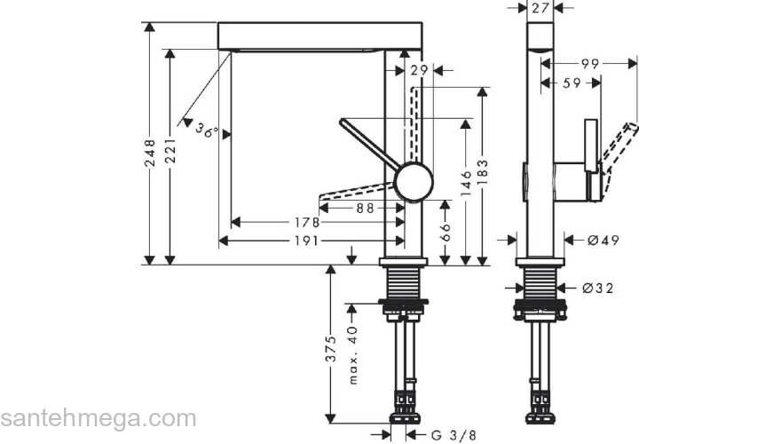 Finoris Смеситель для раковины, однорычажный, 230 с поворотным изливом, со сливным клапаном Push-Open 76060000, хром. Фото