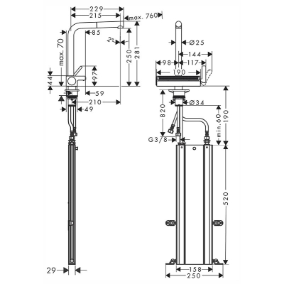 Кухонный смеситель Hansgrohe Aquno Select M81 однорычажный, 250, с вытяжным душем, 2jet, sBox 73830800, под сталь. Фото