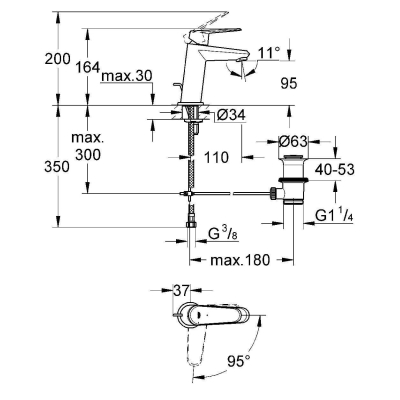 GROHE 2338920E Eurodisc Cosmopolitan Смеситель однорычажный для раковины со сливным гарнитуром, средний излив, с энергосберегающим картриджем - подача холодной воды при центральном положении рычага. Фото