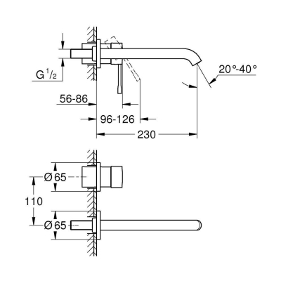 GROHE 19967GN1 Essence+ Смеситель для раковины на 2 отверстия, вынос 201 мм, настенный монтаж. Фото